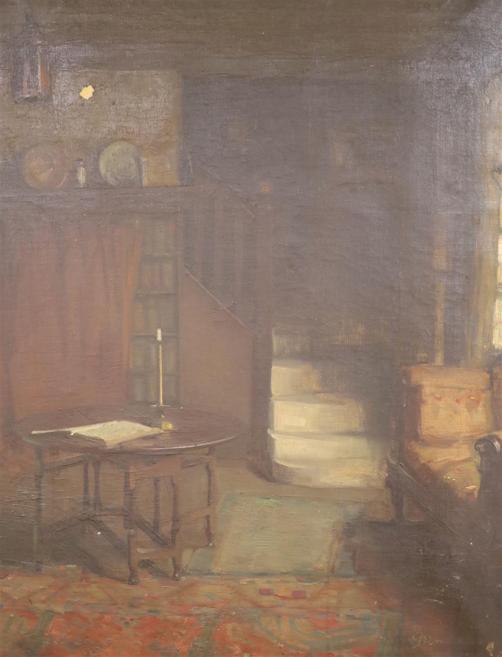 Victorian School, oil on canvas, Interior with gateleg table and lit candle, indistinctly signed, E.S.K. stamp verso, 75 x 60cm